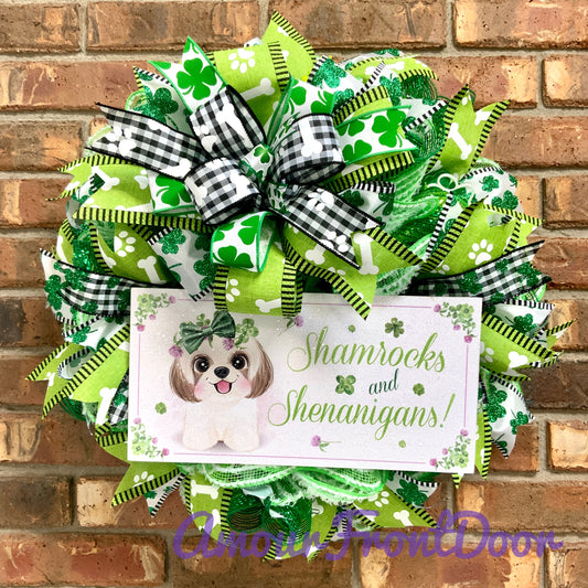 Shamrocks and Shenanigans Wreath, St. Patrick’s Day Dog Wreath, Shamrock Wreath, Custom Order Wreath