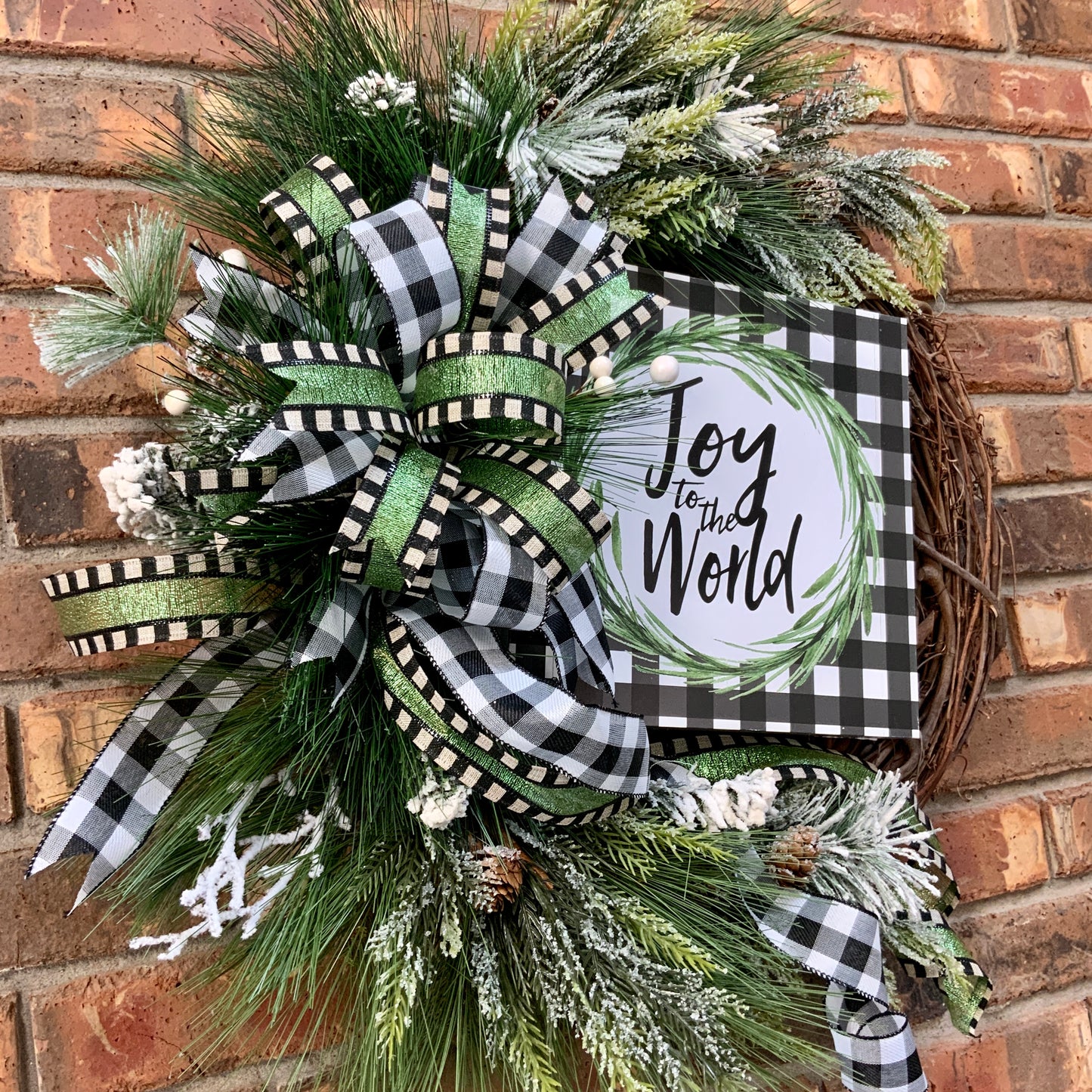 Joy To The World Wreath, Christmas Grapevine Wreath, Christmas Green Wreath, Christmas Greenery Wreath, Christmas Buffalo Check Wreath