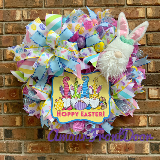 Easter Gnome Wreath, Hoppy Easter Wreath, Spring Gnome Wreath, Easter Pastel Wreath, Easter Egg Wreath, Easter Welcome Wreath For Front Door