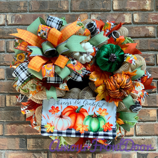 Fall Pumpkin Wreath, Fall Wreath For Front Door, Fall Welcome Door Hanger, Thanksgiving Wreath, Buffalo Check Fall Wreath, Grateful Wreath