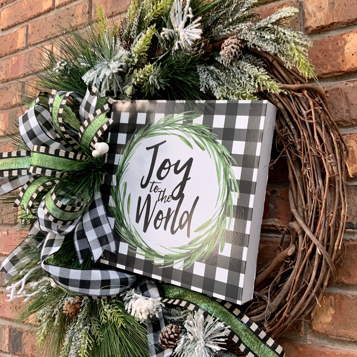 Joy To The World Wreath, Christmas Grapevine Wreath, Christmas Green Wreath, Christmas Greenery Wreath, Christmas Buffalo Check Wreath
